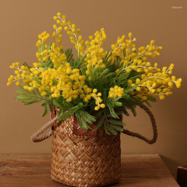 Dekorative Blumen, 38 cm, künstliche Akazie, künstliche gelbe Mimose, Spray, Kirschfruchtzweig, Hochzeit, Zuhause, Vase, Tischdekoration