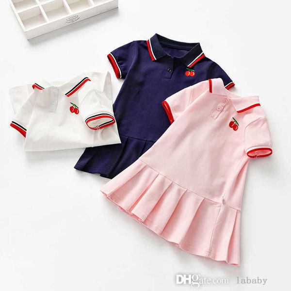 Roupas infantis vestidos meninas colarinho bordado de manga curta vestido de manga curta
