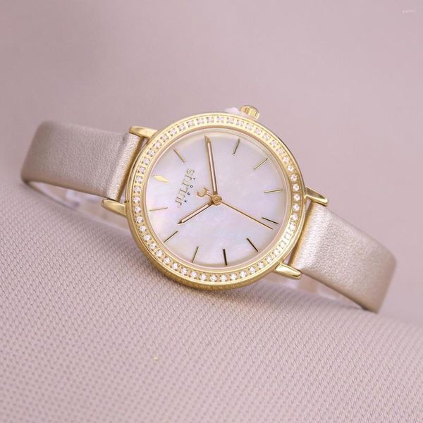 Orologi da polso Golden Julius Orologio da donna Elegante impostazione CZ Madreperla Fashion Hours Bracciale Orologio in vera pelle School Girl's