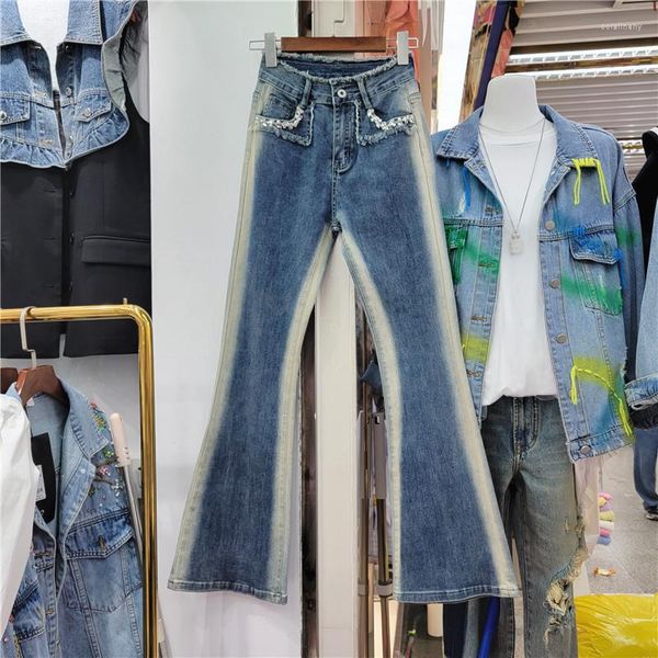 Jeans feminino gradiente retro lavado Skinny Women's High Slimming Stream Jeanst Panst Diamond Street Rua Bainha desgastada Troushers