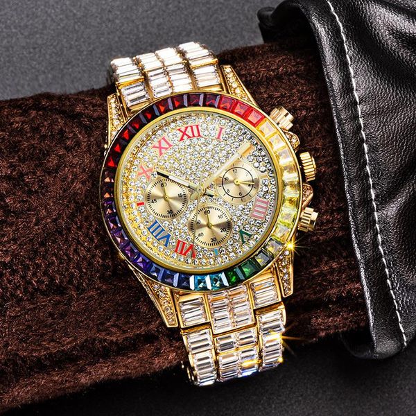 Armbanduhren Hip Hop Luxus Quarz Handgelenk Wasserdichte Uhren Voller CZ Stein Bling Iced Out Edelstahl Uhrenarmband Für Männer Charme Schmuck