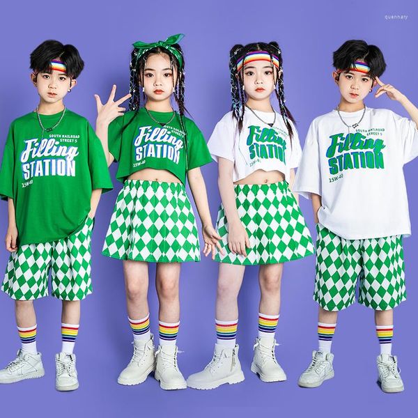 Sahne Giyim Çocuklar Hip Hop Giyim Tişört Üstleri Damalı Şort Etek Kız Boy Caz Dans Kostüm Seti Ponpon Yeltirme Giysileri Gösteren
