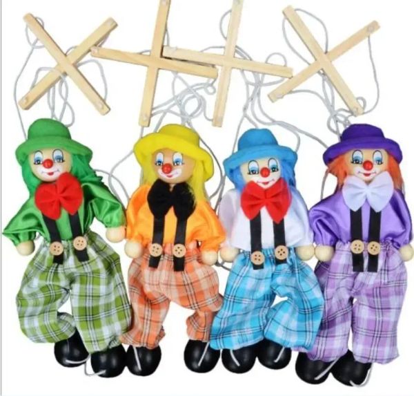 Nova festa engraçada de 25cm Função Vintage colorida Pull Puppet palhaço de madeira Marionete Manfraft Atividade conjunta boneca crianças crianças presentes