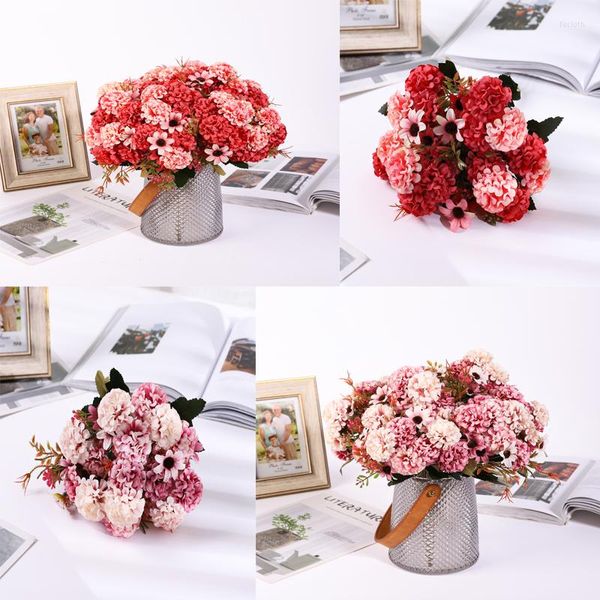 Flores decorativas 9 cabeças hidrangea 6 Peony Peony Fake Luxury Bouquet Wedding Diy decoração mesa em casa