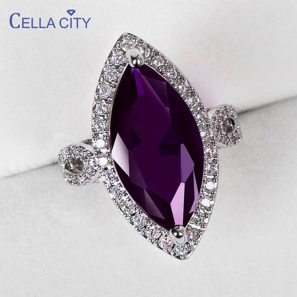 Bandringe Cellity Classic Silber 925 Ringe mit 10 * 20 mm großem Amethyst-Edelstein-Pferdeauge-Zirkon Lady Fine Jewelry Frauen-Party-Großhandel J230517