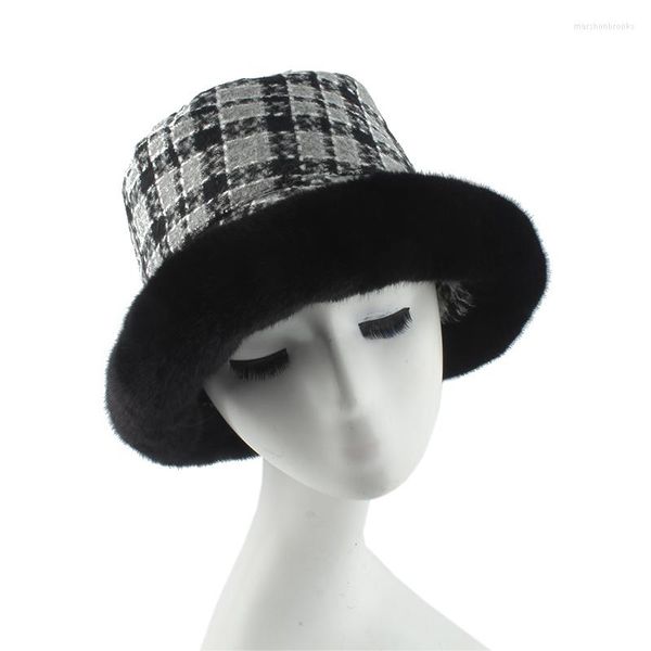 Berretti Designer Winter Fur Bucket Hat Donna Elegante berretto da pesca scozzese Panama Fisherman Gorros