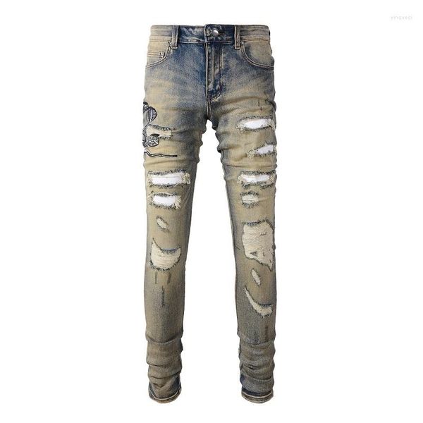 Jeans da uomo Arrivi Stile Steetwear Skinny Fori elasticizzati Bandana Toppa Serpente ricamato Slim Fit High Street Distressed Strappato