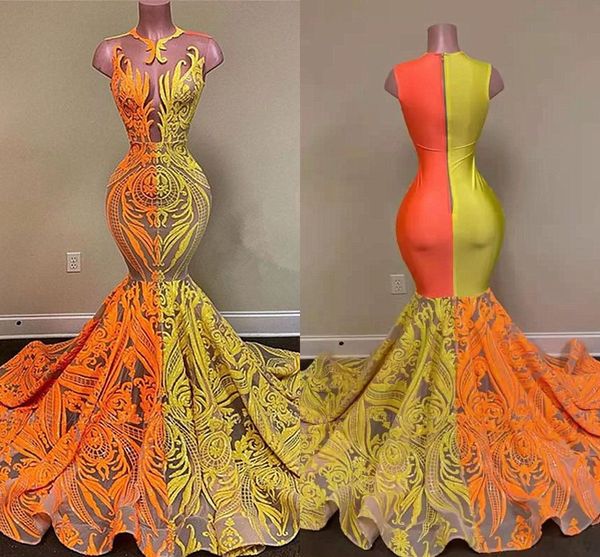 Elegante gelb-orange Meerjungfrau-Abendkleider für Frauen, Spitzenapplikationen, durchsichtig, Juwelenausschnitt, Sweep-Zug, formelle Geburtstags-Promi-Festzug-Party-Abschlussballkleider