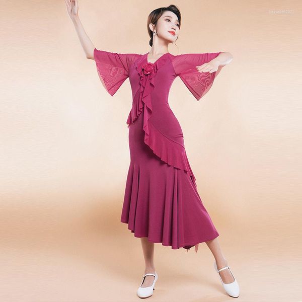 Stage Wear Summer Ballroom Dance Dress 3 colori Flare Sleeve Tango Competition Vestire Adult Women Prom Waltz Abiti da ballo YS4833