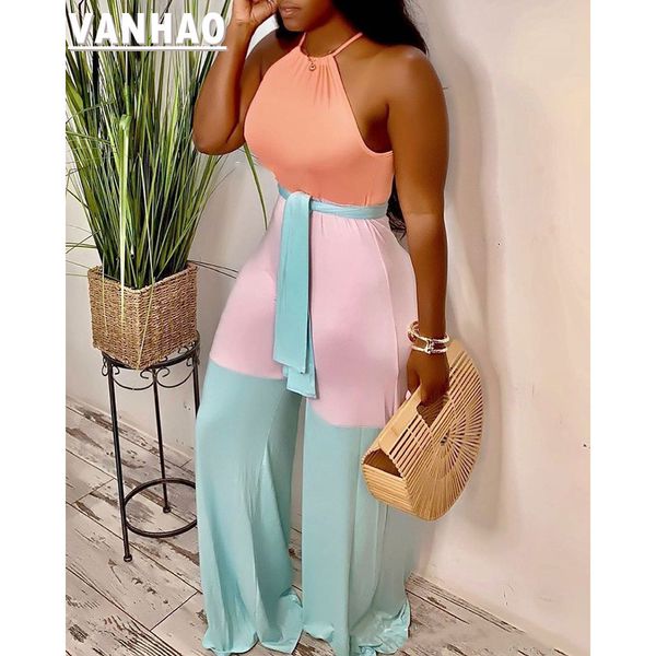 Женские комбинезоны снимают два пейзажных штана Vanhao Summer Women Fashion Contrast Color Bange Bangage Jumpsuit Ladies Sexy Halter Skinny Romper Оптовая капля 230516