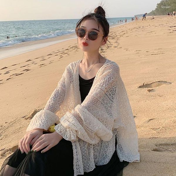 Camicette da donna Kimono in pizzo cardigan da donna Summer Holiday Beach Long Boho coreano Sweet Ladies Girls Sleeve Camicie beige Top