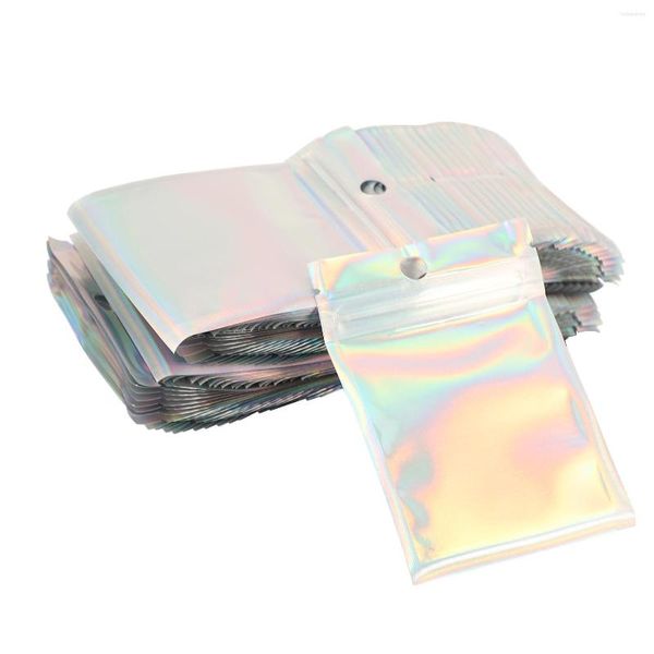 Sacchetti Portaoggetti 200 Pezzi Sacchetto in Alluminio Richiudibile a Prova di Odore Chiusura a Cerniera Piatta per Alimenti Bomboniere (Colore Olografico