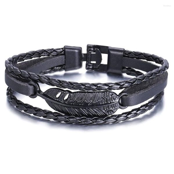 Armreif Modyle Armband Herren Multilayer Leder Armreifen Geflochten Multi Layer Wrap Trendy Edelstahl Blatt Armband Schmuck