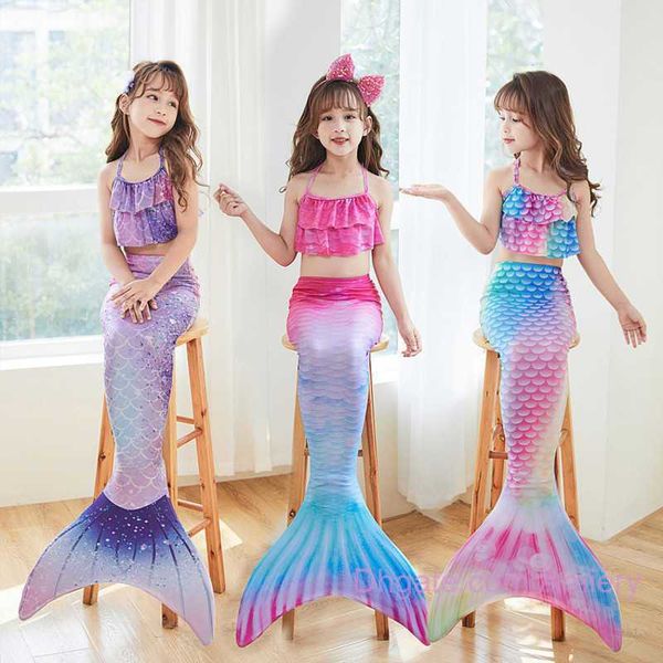 Costume da bagno a sirena per bambini Costumi da bagno firmati Costumi da bagno da esibizione Bikini Set di tre pezzi di coda di pesce Abito da principessa per ragazze grandi piccole medie