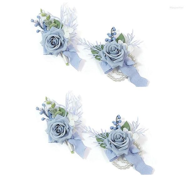 Dekoratif çiçekler 4 adet tozlu mavi korsaj ve boutonniere set aksesuarları balo yapay çiçek bilek bilezikler