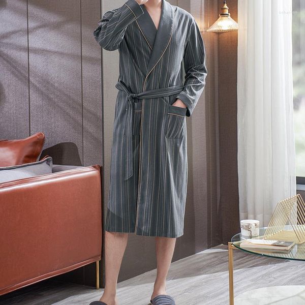 Indumenti da notte da uomo Trendy Solid Striped Men Accappatoi da bagno Primavera Autunno Cotton Shower Robe Kimono sciolto con due tasche