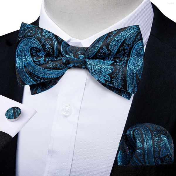 Papillon da uomo blu nero Papillon e fazzoletto da uomo Set di gemelli per accessori per camicie Cravatta Paisley di lusso Uomo Nodi Festa di nozze