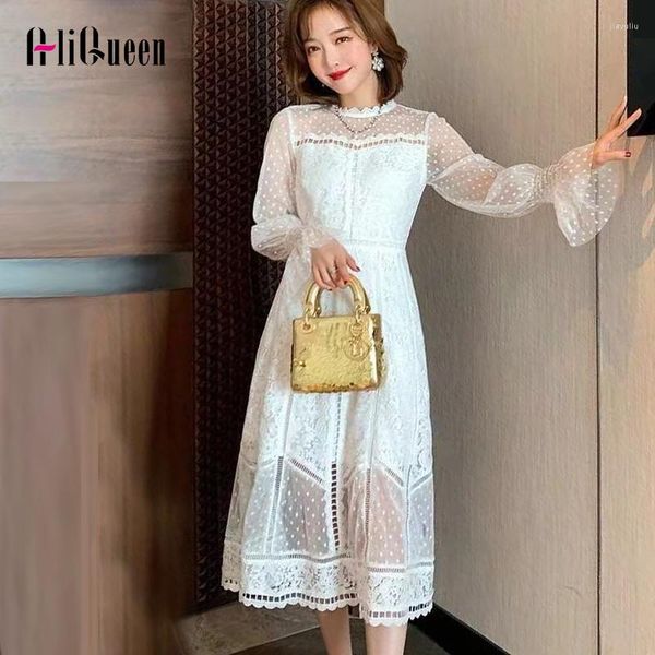 Casual Kleider 2023 Koreanische Frauen Süße Sexy Aushöhlen Mesh Patchwork Spitze Kleid Elegante Damen Frühling Weiße Flare Hülse Vintage party