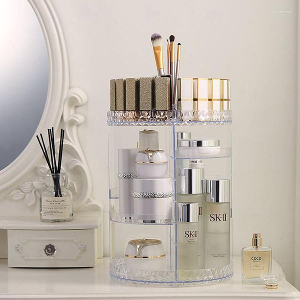 Scatole portaoggetti Organizer per trucco trasparente Scatola per cosmetici Organizador in plastica Maquillaje Espositore per gioielli con motivo a rombi a rotazione