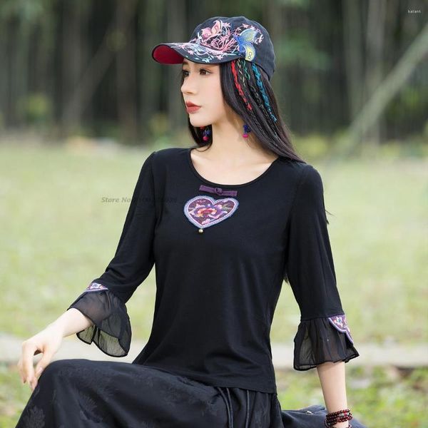 Ethnische Kleidung 2023 Chinesische traditionelle Bluse Qipao Tops Frauen Retro Blumenstickerei National Oriental Tang Anzug Mesh Shirts