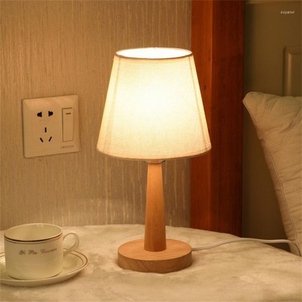 Lampade da tavolo Lampada da scrivania da comodino per camera da letto Paralume in lino a LED Alimentazione USB Telecomando Luce notturna dimmerabile Decorativa in legno