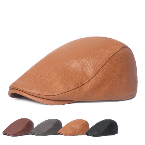 Berretti in pelle PU di alta qualità Cappelli per uomo Berretto con visiera Primavera Autunno Berretto da strillone piatto Cappello a becco d'anatra stile britannico per uomo