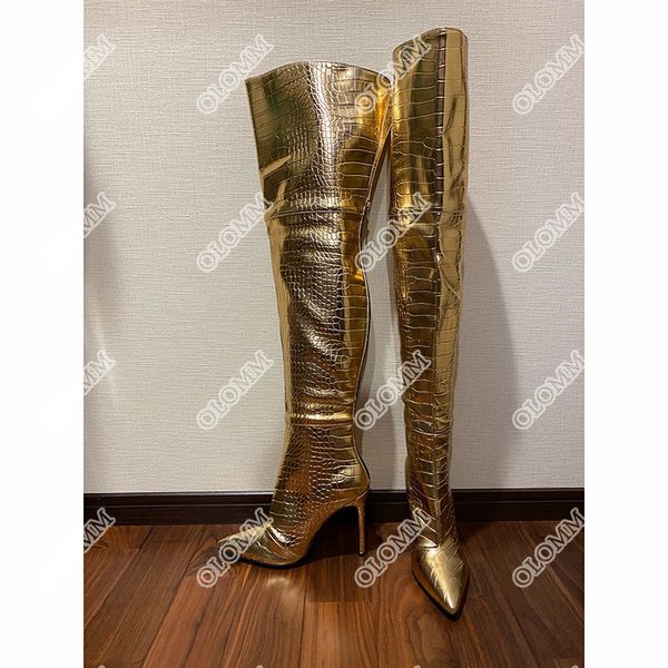 Olomm handgemachte Damen Oberschenkel hohe Stiefel Stiletto Heels spitze Zehen wunderschöne Gold Silber Schwarz Club Schuhe Damen Plus US Größe 5-15