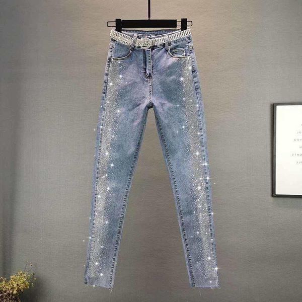 Tapeten Frühling Herbst Streetwear Frauen Vintage Blue Slim Diamonds High Taille Jeans Anklelength Denimhose Hosen 5xl