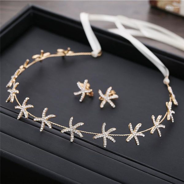 Başlıklar Gelin Altın Deniz Yıldızı Rhinestone Head Band Şerit Gelinlik Partisi Modellemesi Teaves Ear Clip Seti