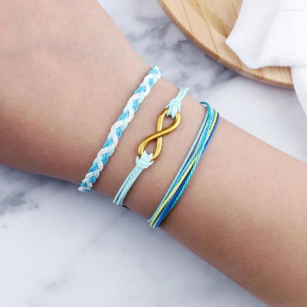 Strand 3Pcs / Set Colore blu Boemia Cera Linea Bracciale intrecciato Lucky Metal Word 8 Ciondolo da polso Braccialetti Catena Amicizia Gioielli regalo