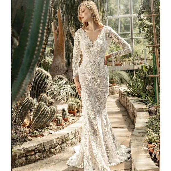 Vestido Novia Boho Abiti da sposa eleganti in pizzo senza schienale manica lunga sirena boho abito da sposa 2023 abiti da sposa profondi sexy