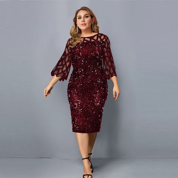 Abiti casual Abito da festa Taglie forti Donna Midi Paillettes Maglia manica lunga Pizzo Elegante aderente XL-4XL 5XL Abiti da sera Donna Estate 230517