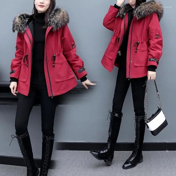 Женские куртки 2023 Осенний зимний пальто Паркас Женский модный капюшон сгущается большой меховой воротник верхняя одежда красное черное пальто