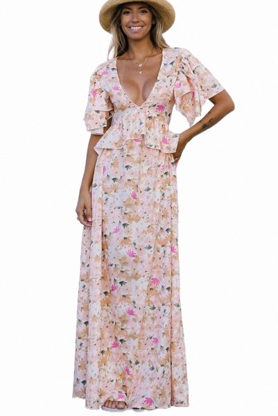 Orange Deep V Neck Neck Notado de costas abertas vestido floral maxi q8d7#