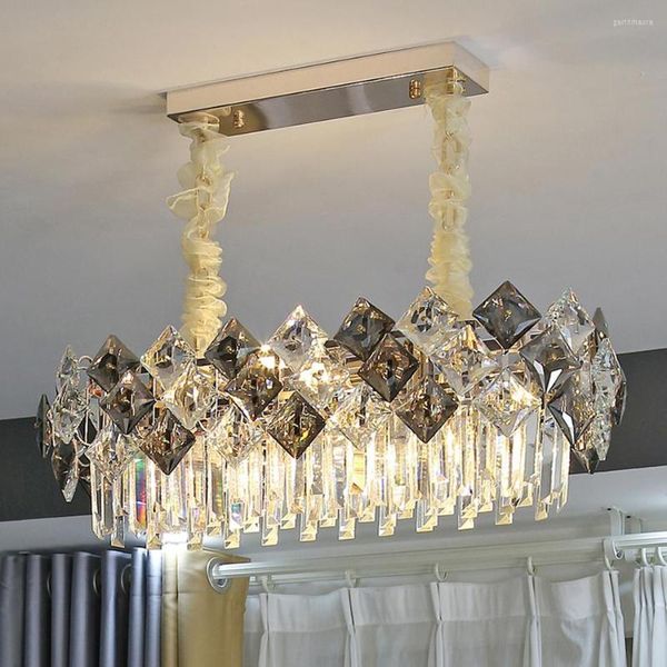 Candeliers lustros lustres decoração da sala de estar simples lâmpada de suspensão redonda mais escura para o quarto fumaça cinza cristal retângulo cozinha luz