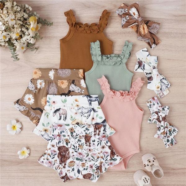 Kleidungssets Mode Sommer geborenes Baby Mädchen Kleidung Set ärmellose Strampler Tops Bull Print kurze Hosen Stirnband Säugling 3-teilige Outfits