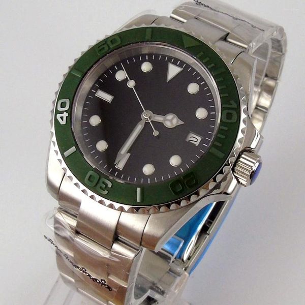 Relógios de pulso 40mm Dial preto Bolinho de cerâmica verde Sapphire Glass Transparente NH35A MOVEM AUTOMÁTICO Mens relógio