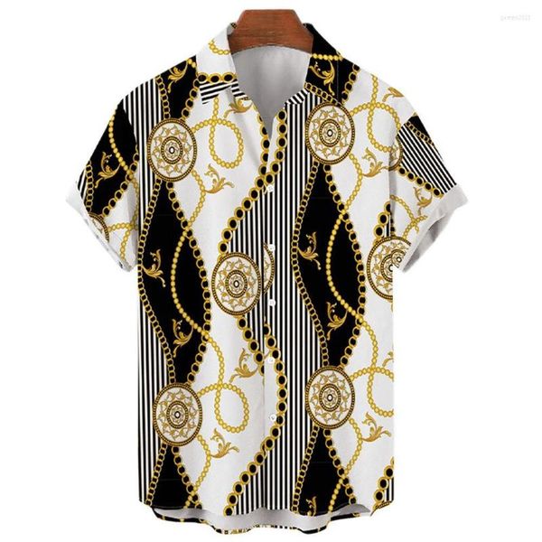 Camicie casual da uomo Camicia hawaiana da uomo 2023 Bottone singolo Versatile Catena d'oro stampata Top manica corta 5XL