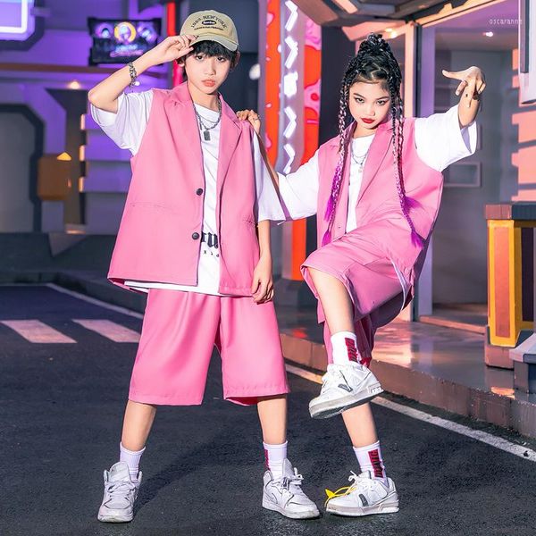 Stage Wear Kid Abbigliamento hip-hop Ragazze Ragazzi Summer Pink Suit Set risvolti Blazer senza maniche Giacca Pantaloncini casual larghi 2 pezzi Street Dance Outfit