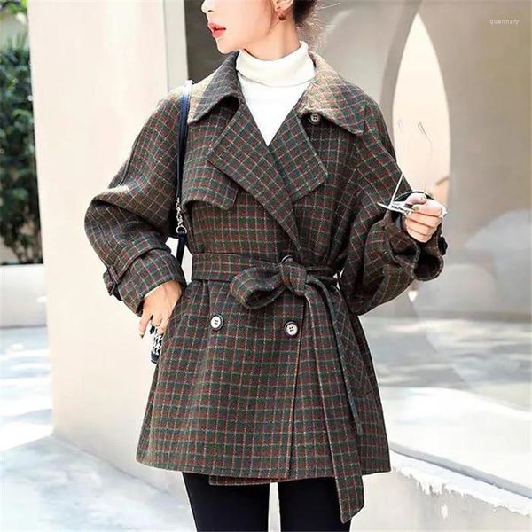 Lã feminina 2023 Autumn Winter Plaid Woolen Coats Women Trench Coat Loose 3xl sobretudo Cinturão Feminino Feminino