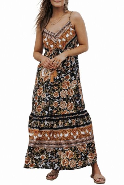 Vestido maxi de tamel de borla floral retro preto de boho a6m0#