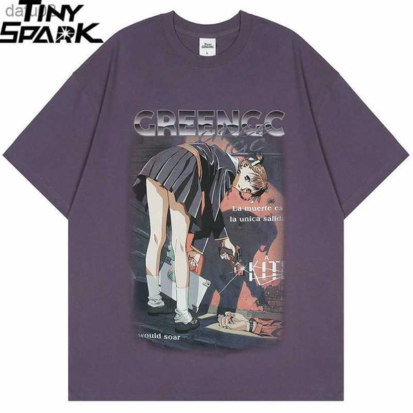 Мужские футболки 2023 Мужские футболка Harajuku Hip Hop Streetwear Аниме-девочная футболка Японская мультипликация футболка летняя короткие рукавы Cotton L230515