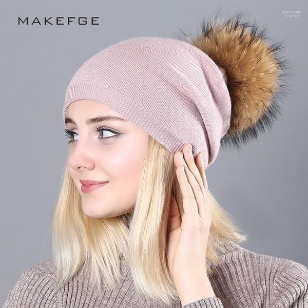 Berretti Beanie/Skull Caps Confortevole berretto da donna lavorato a maglia Contenuto di lana 80% e cappello da vita caldo invernale con pompon di pelliccia Pantaloni doppi spessi Casual