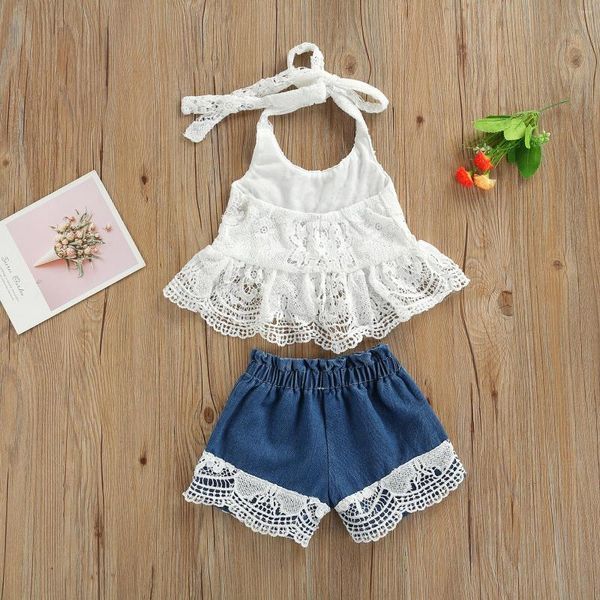 Roupas conjuntos de moda crianças meninas meninas roupas de verão com mangas de renda com renda de renda com tampas de crochê rasgadas de jeans shorts