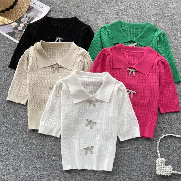 Magliette da donna per donna Colletto POLO Kintted T-shirt manica corta Bow Diamond T-shirt Moda femminile coreana T-shirt estiva Dropship