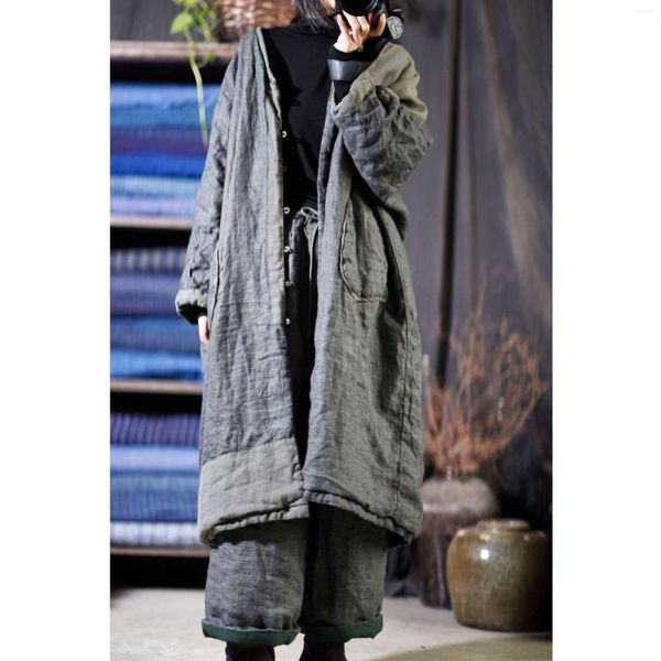 Trench da donna Donna Lino Patchwork Sottile Cappotto imbottito Capispalla Parka Donna Vintage Lavato Lino Impiombato Lungo Soprabito femminile