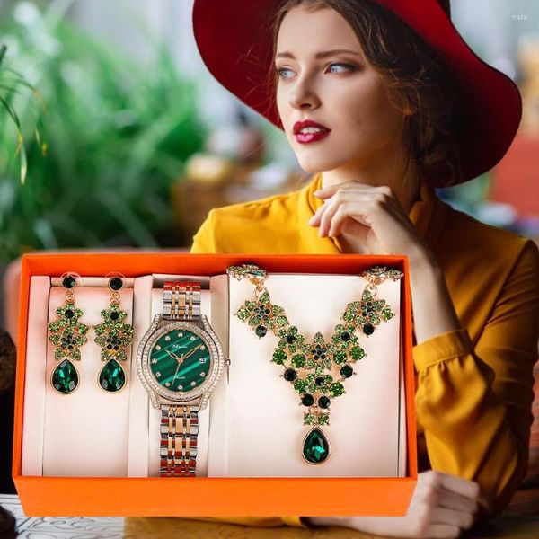 Armbanduhren Uhr mit Kalender für Damen, luxuriös, wasserdicht, Edelstahl, Quarz, grüne Ohrringe, Halskette, Set, Geschenk für Damen