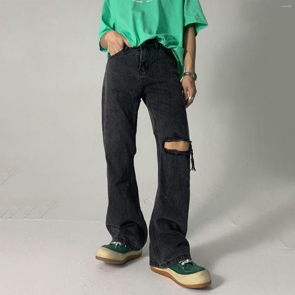 Herrenjeans in Schwarz und Grau mit Rissen, koreanische Version des Y2K-Trends, Hosen für Herren, lockere Micro-Flare-Hose für Damen im gleichen Stil