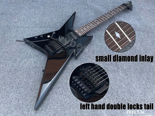 Guitarra elétrica Mão esquerda cor preta sólida com travamento duplo tremolo pequeno diamante embutido pescoço picape e ponte humbuc