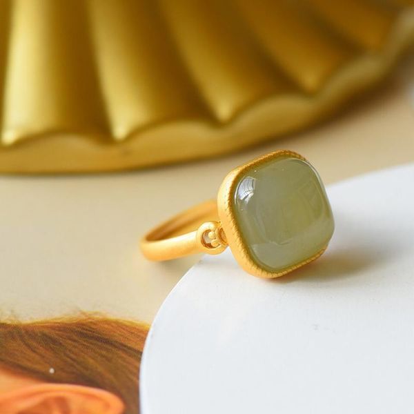 Anelli a grappolo Anello in giada verde naturale con gioielli in giadeite in oro 18k elettrolitico in argento sterling S925 925